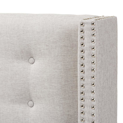 Greyish Beige Fabric Button-Tufted Nail head Queen Size Winged Headboard
