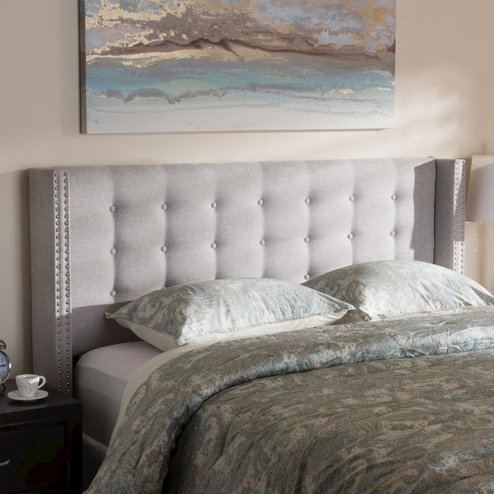 Greyish Beige Fabric Button-Tufted Nail head Queen Size Winged Headboard