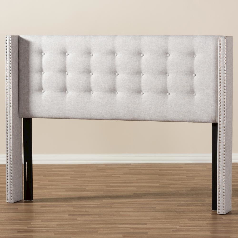 Greyish Beige Fabric Button-Tufted Nail head Queen Size Winged Headboard