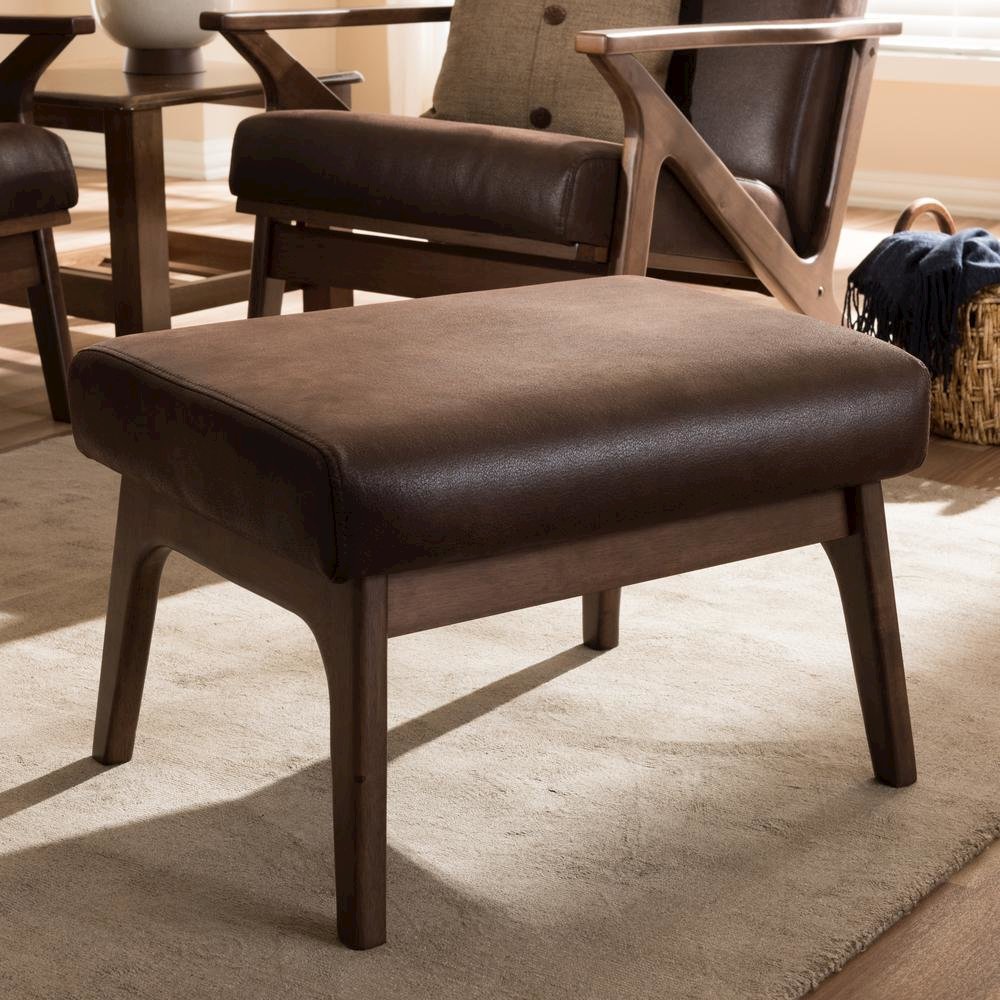 Bianca Mid-Century Modern Walnut Wood Dark Brown Distressed Faux Leather Ottoman
