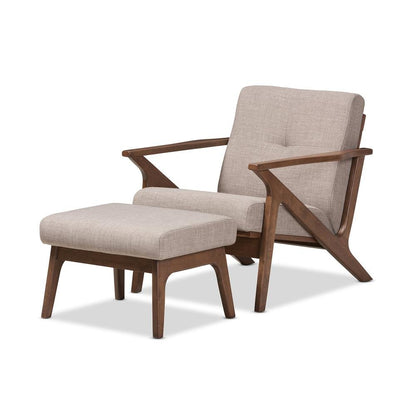 Walnut Wood Light Grey Fabric Tufted Lounge Chair And Ottoman Set