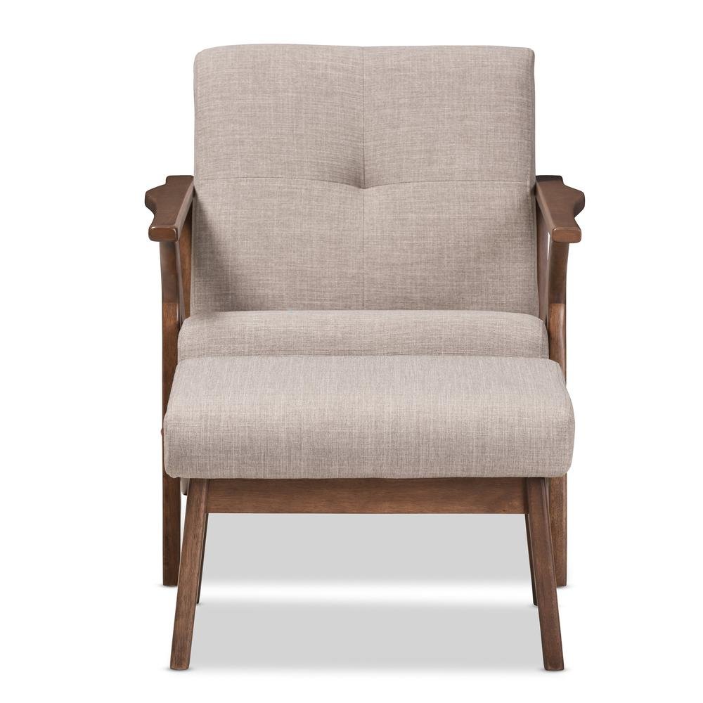 Walnut Wood Light Grey Fabric Tufted Lounge Chair And Ottoman Set