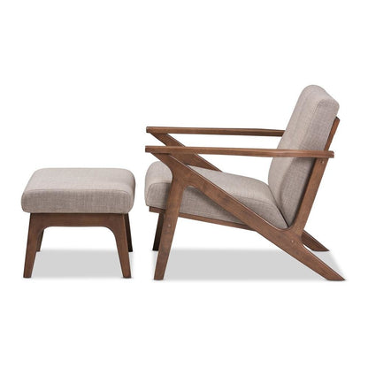 Walnut Wood Light Grey Fabric Tufted Lounge Chair And Ottoman Set