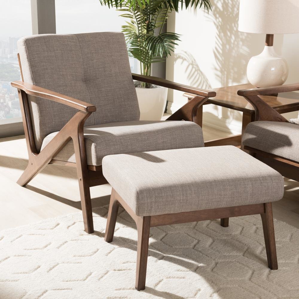 Walnut Wood Light Grey Fabric Tufted Lounge Chair And Ottoman Set