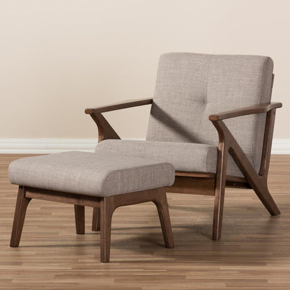 Walnut Wood Light Grey Fabric Tufted Lounge Chair And Ottoman Set