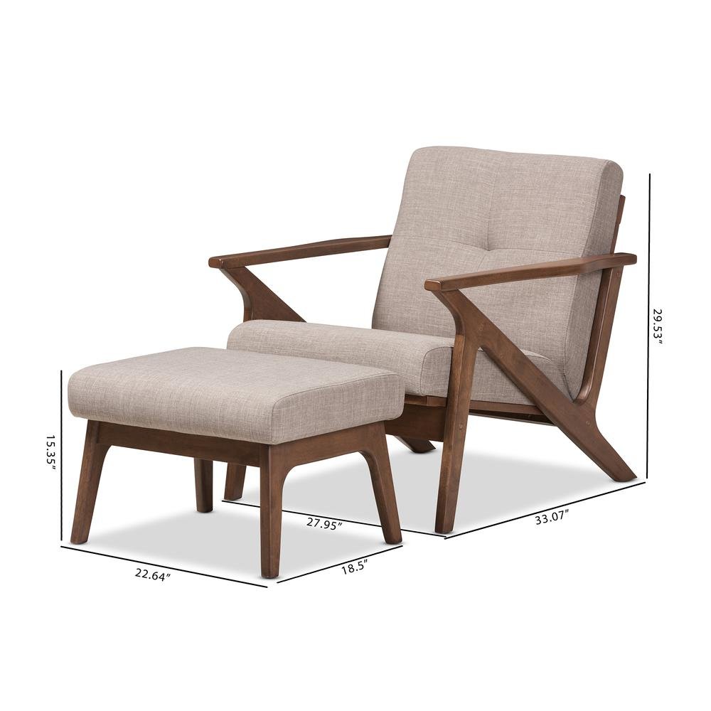 Walnut Wood Light Grey Fabric Tufted Lounge Chair And Ottoman Set