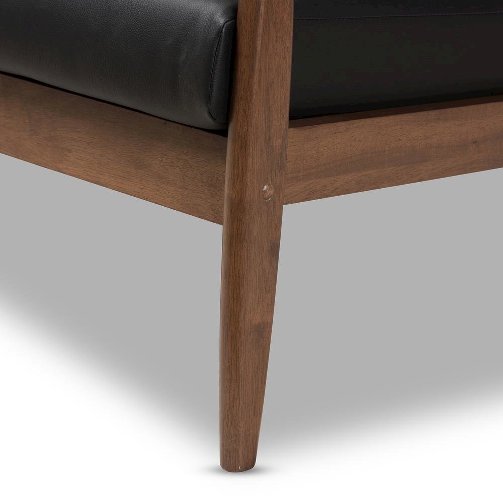Venza Mid-Century Modern Walnut Wood Black Faux Leather 2-Seater Loveseat