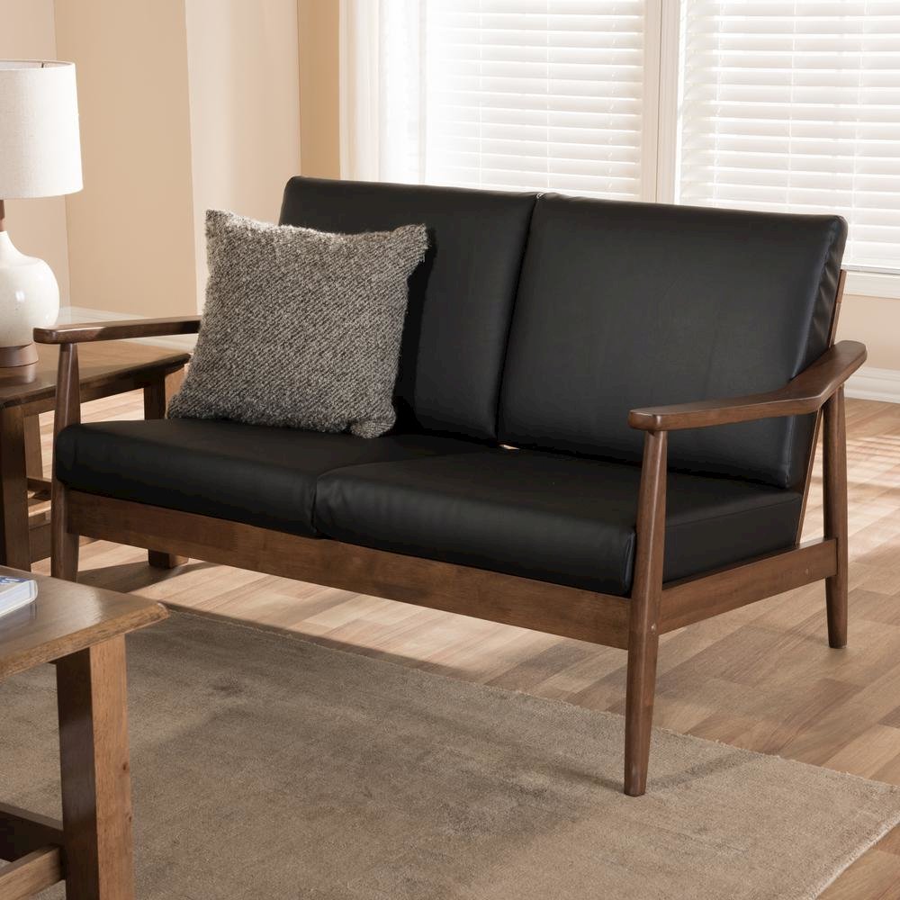 Venza Mid-Century Modern Walnut Wood Black Faux Leather 2-Seater Loveseat