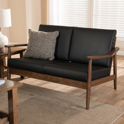 Venza Mid-Century Modern Walnut Wood Black Faux Leather 2-Seater Loveseat