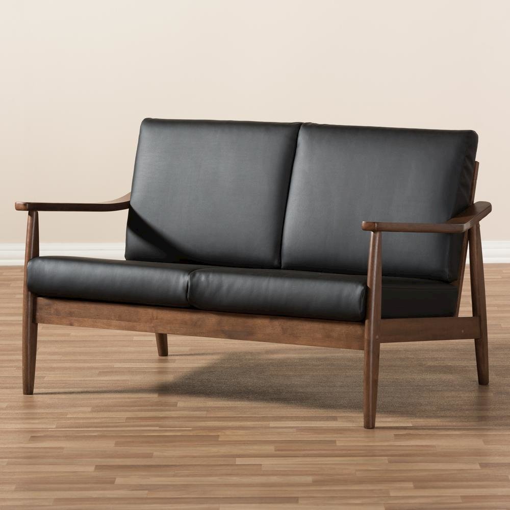 Venza Mid-Century Modern Walnut Wood Black Faux Leather 2-Seater Loveseat