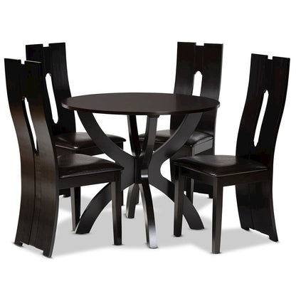 Leather Upholstered and Dark Brown Finished Wood 5-Piece Dining Set