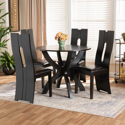 Leather Upholstered and Dark Brown Finished Wood 5-Piece Dining Set