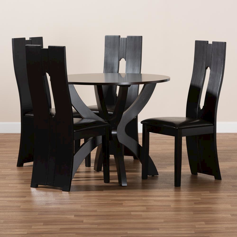 Leather Upholstered and Dark Brown Finished Wood 5-Piece Dining Set