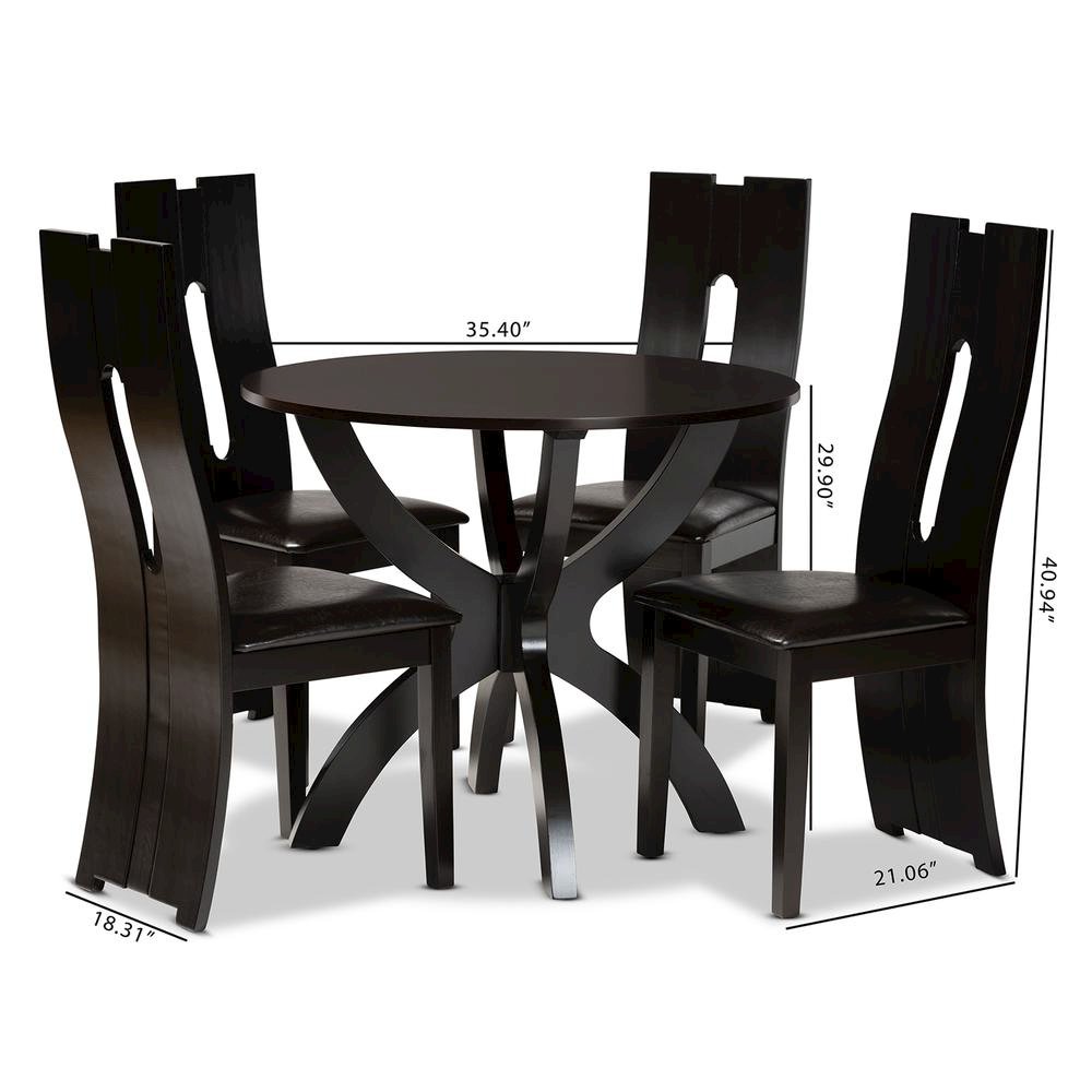 Leather Upholstered and Dark Brown Finished Wood 5-Piece Dining Set