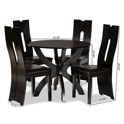 Leather Upholstered and Dark Brown Finished Wood 5-Piece Dining Set