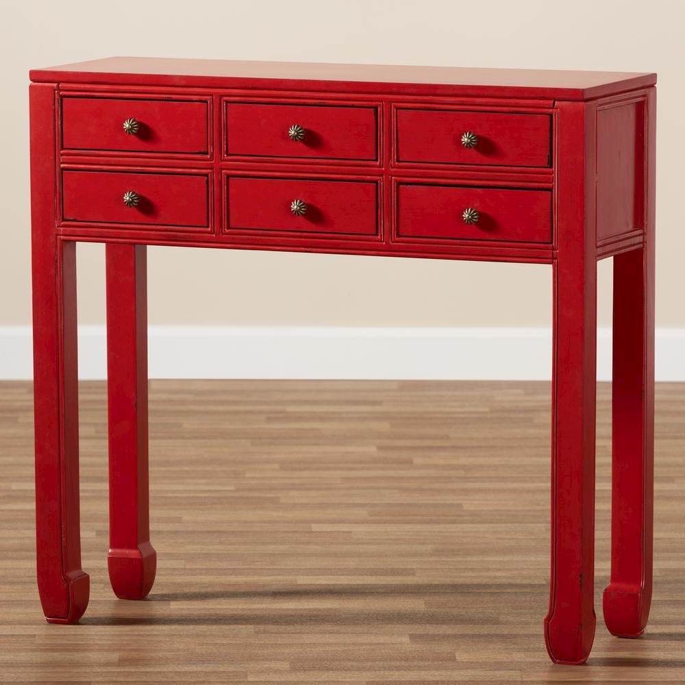 Antique Red Finished Wood Bronze Finished Accents 6-Drawer Console Table