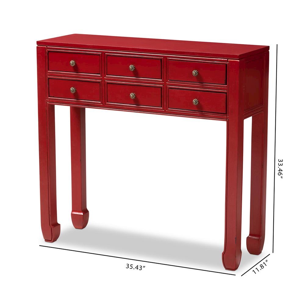 Antique Red Finished Wood Bronze Finished Accents 6-Drawer Console Table