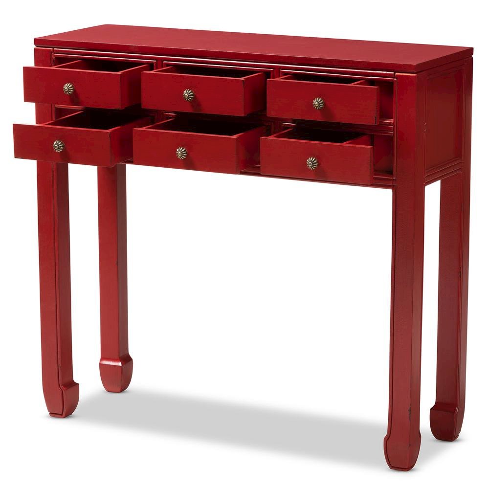 Antique Red Finished Wood Bronze Finished Accents 6-Drawer Console Table