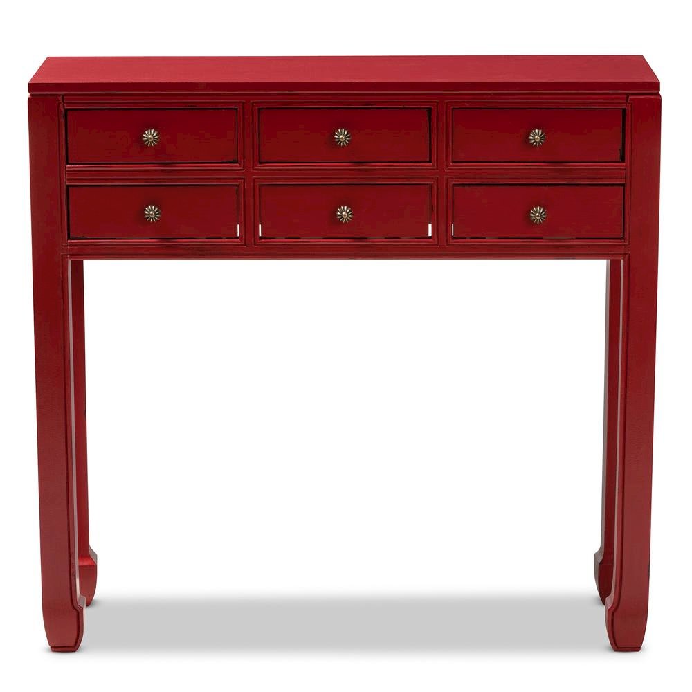 Antique Red Finished Wood Bronze Finished Accents 6-Drawer Console Table