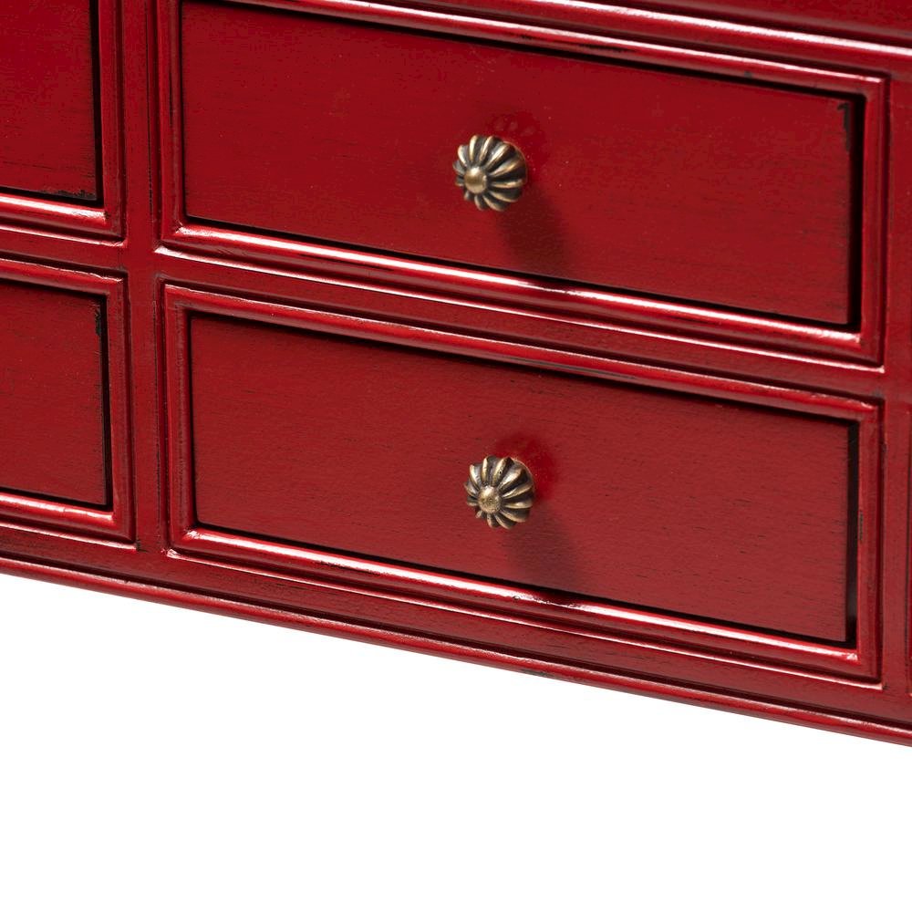 Antique Red Finished Wood Bronze Finished Accents 6-Drawer Console Table
