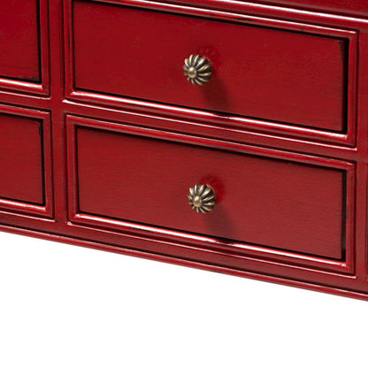 Antique Red Finished Wood Bronze Finished Accents 6-Drawer Console Table