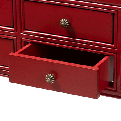 Antique Red Finished Wood Bronze Finished Accents 6-Drawer Console Table