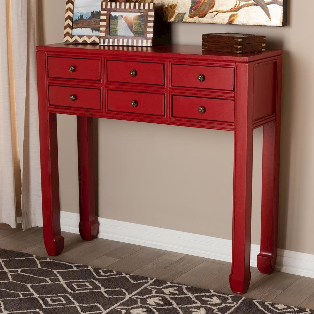 Antique Red Finished Wood Bronze Finished Accents 6-Drawer Console Table