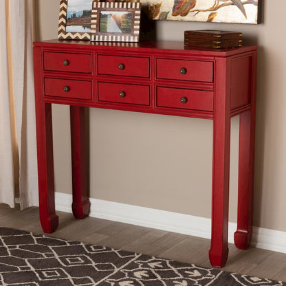 Antique Red Finished Wood Bronze Finished Accents 6-Drawer Console Table