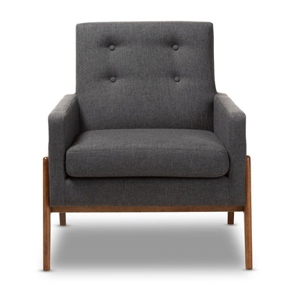 Perris Mid-Century Modern Dark Grey Fabric Upholstered Walnut Wood Lounge Chair