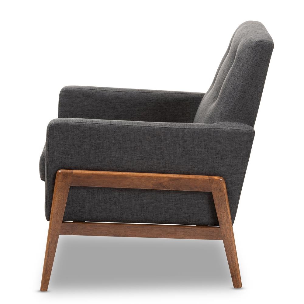 Perris Mid-Century Modern Dark Grey Fabric Upholstered Walnut Wood Lounge Chair