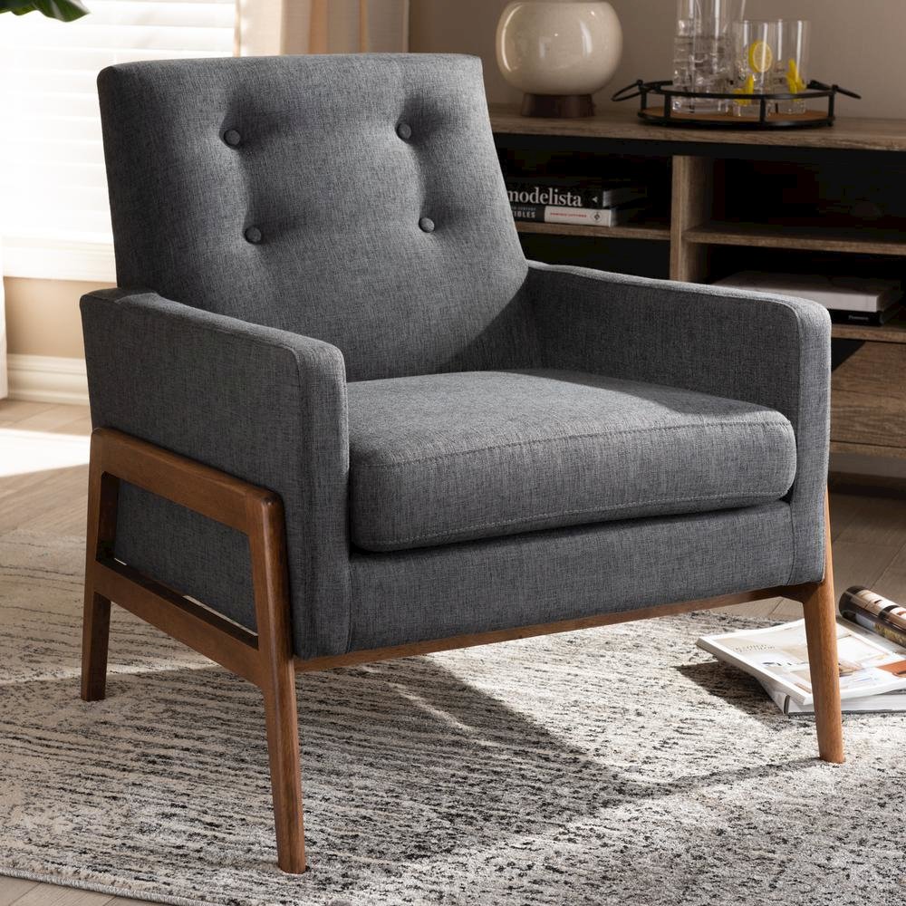 Perris Mid-Century Modern Dark Grey Fabric Upholstered Walnut Wood Lounge Chair