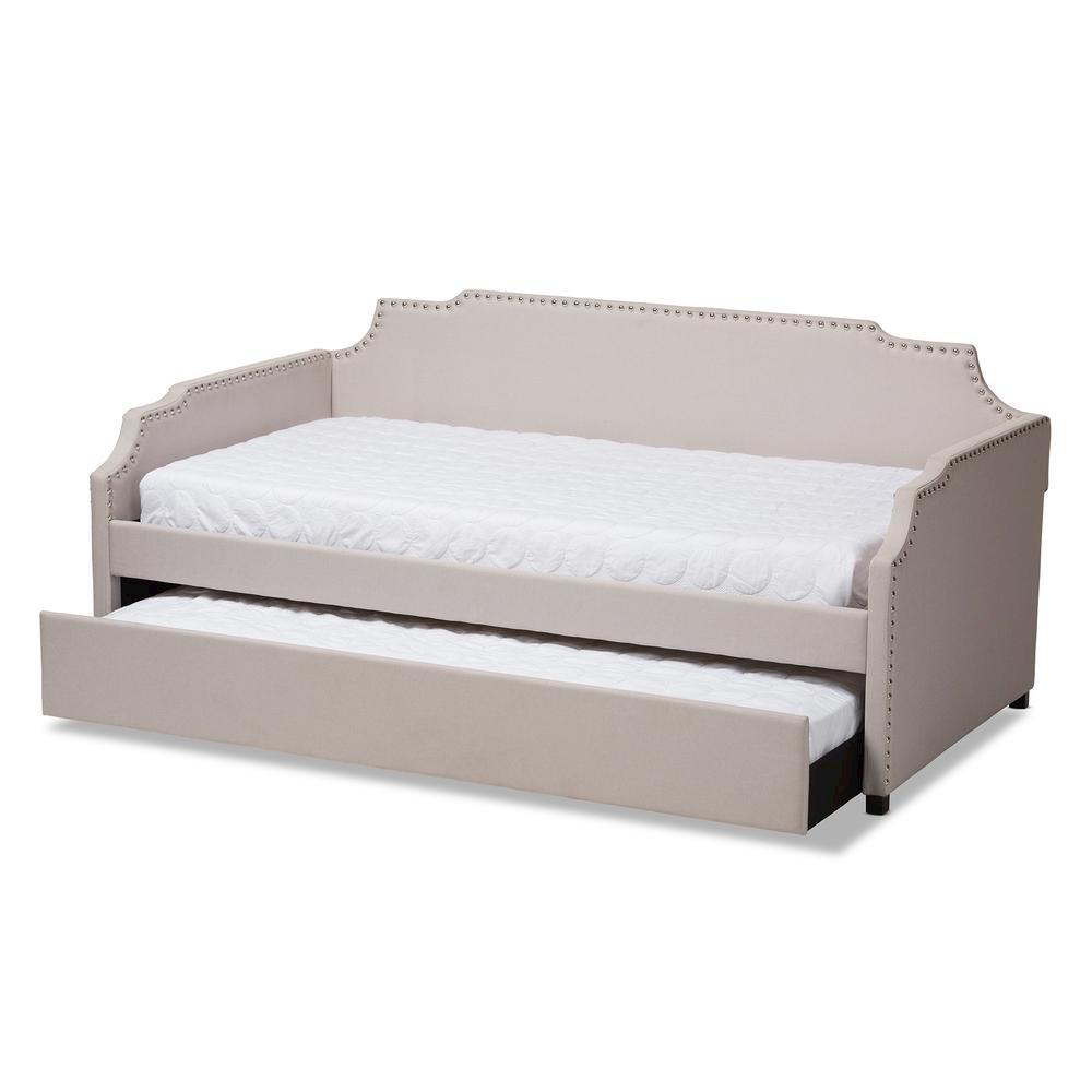 Beige Fabric Upholstered Twin Size Sofa Daybed with Roll Out Trundle Guest Bed