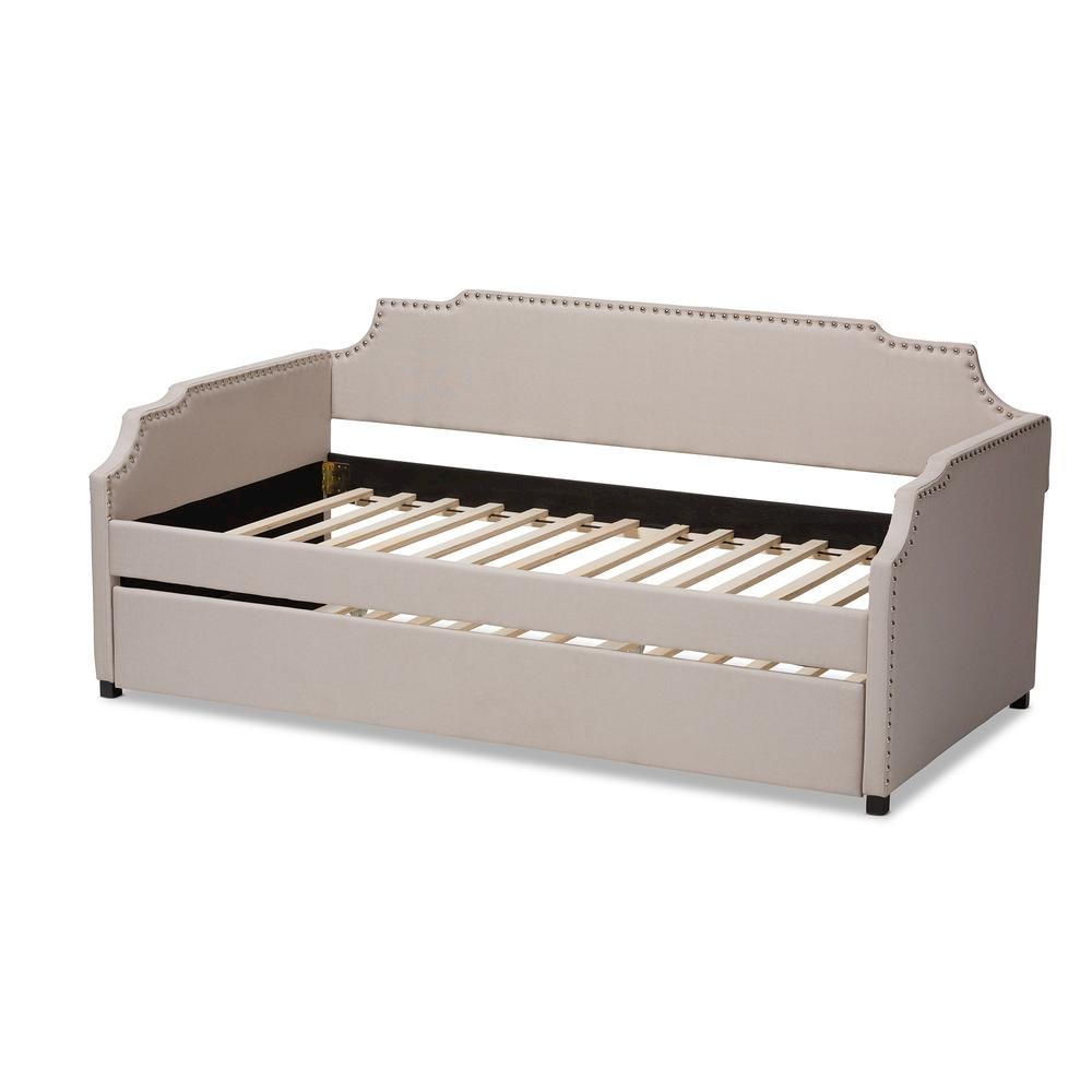 Beige Fabric Upholstered Twin Size Sofa Daybed with Roll Out Trundle Guest Bed