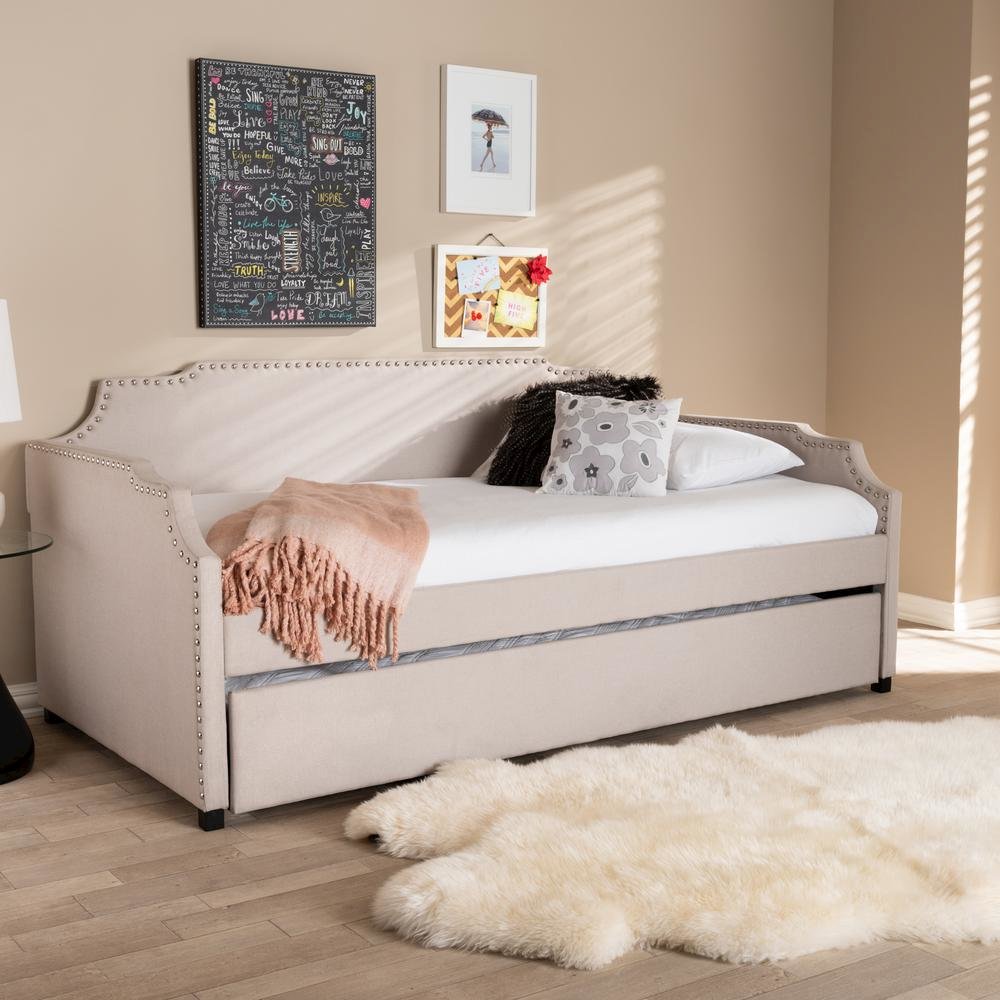 Beige Fabric Upholstered Twin Size Sofa Daybed with Roll Out Trundle Guest Bed