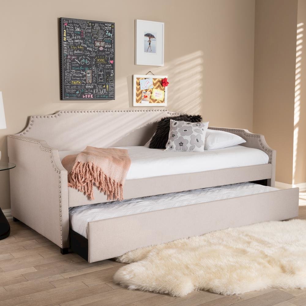 Beige Fabric Upholstered Twin Size Sofa Daybed with Roll Out Trundle Guest Bed