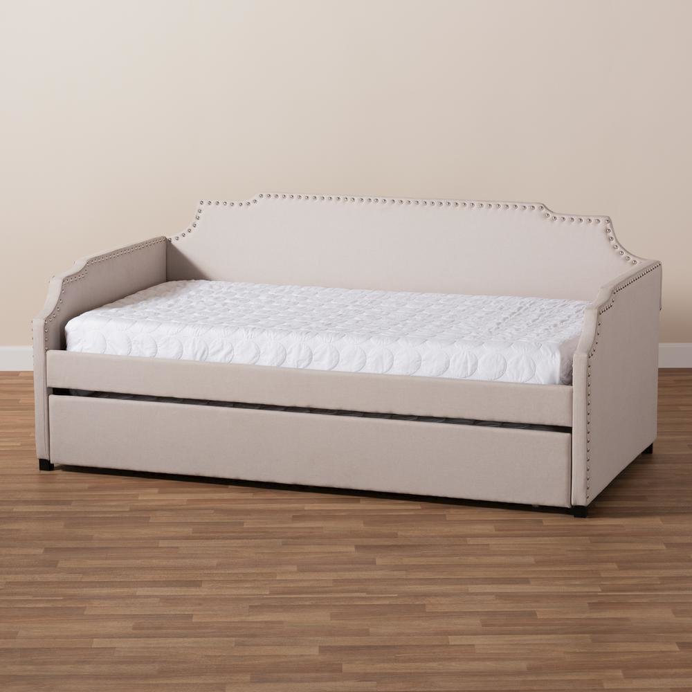 Beige Fabric Upholstered Twin Size Sofa Daybed with Roll Out Trundle Guest Bed