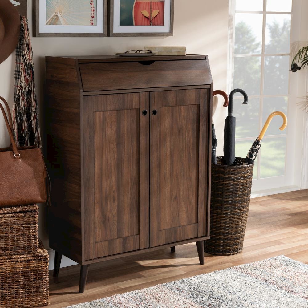 Walnut Brown finished 2-Door Wood Entryway Shoe Storage Cabinet