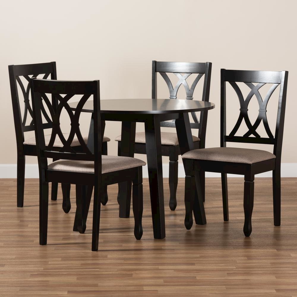 Sand Fabric Upholstered and Dark Brown Finished Wood 5-Piece Dining Set
