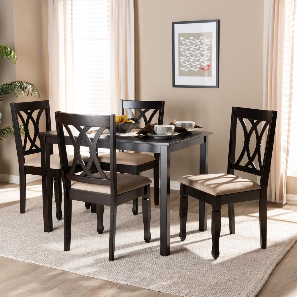 Sand Fabric Upholstered Espresso Brown Finished Wood 5-Piece Dining Set