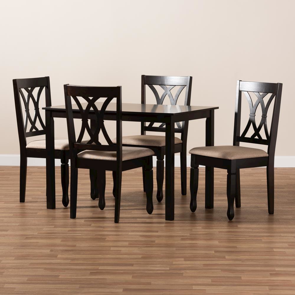 Sand Fabric Upholstered Espresso Brown Finished Wood 5-Piece Dining Set
