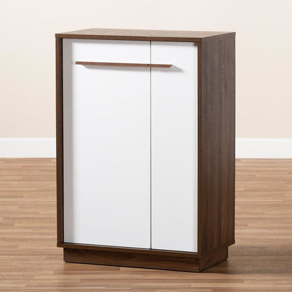 Two-Tone White and Walnut Finished 5-Shelf Wood Entryway Shoe Cabinet