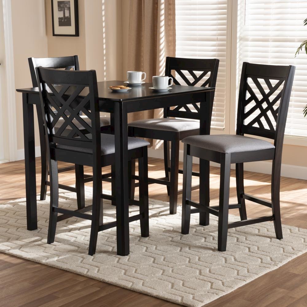 Gray Fabric Upholstered Espresso Brown Finished 5-Piece Wood Pub Set