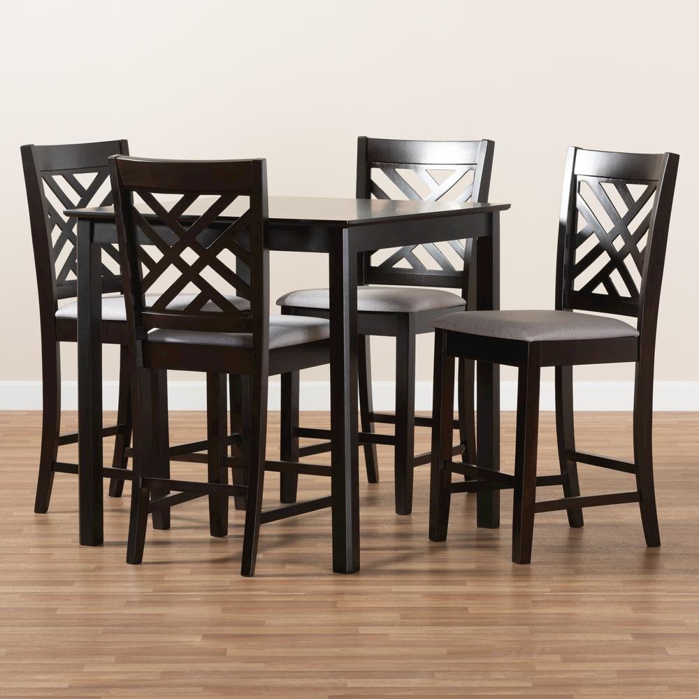 Gray Fabric Upholstered Espresso Brown Finished 5-Piece Wood Pub Set