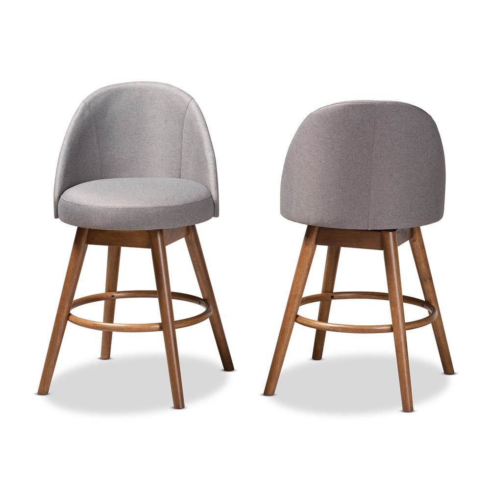 Grey Fabric Upholstered Walnut-Finished Wood Swivel Counter Stool Set of 2