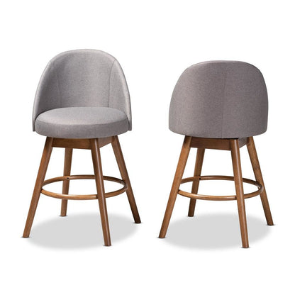 Grey Fabric Upholstered Walnut-Finished Wood Swivel Counter Stool Set of 2