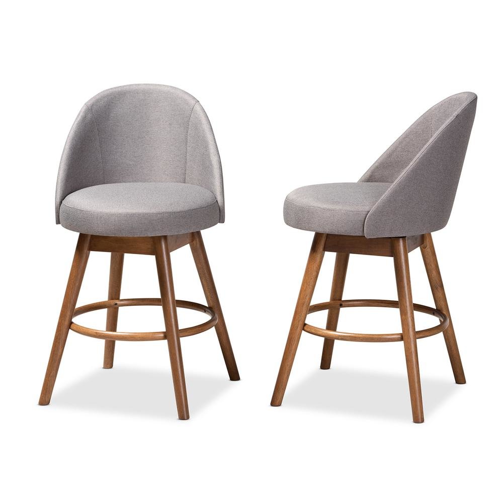 Grey Fabric Upholstered Walnut-Finished Wood Swivel Counter Stool Set of 2