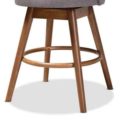 Grey Fabric Upholstered Walnut-Finished Wood Swivel Counter Stool Set of 2