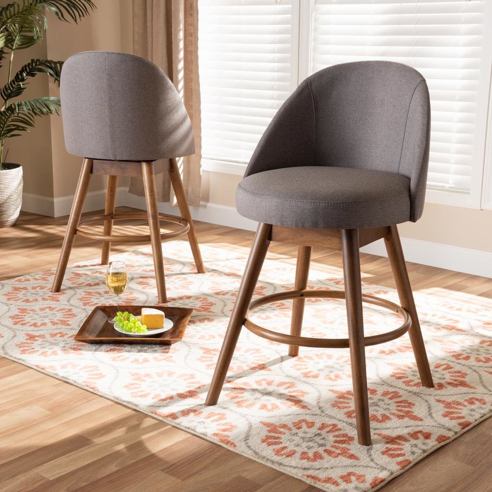 Grey Fabric Upholstered Walnut-Finished Wood Swivel Counter Stool Set of 2