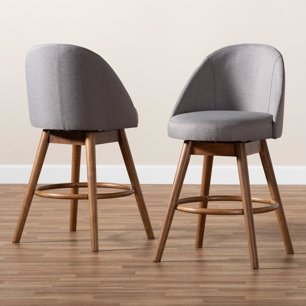 Grey Fabric Upholstered Walnut-Finished Wood Swivel Counter Stool Set of 2