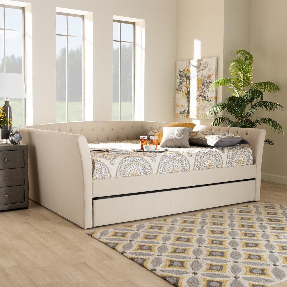 Beige Fabric Upholstered Full Size Daybed with Roll-Out Trundle Bed